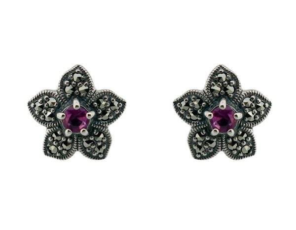 Silver Flower Ruby Stud Earrings MJ21963