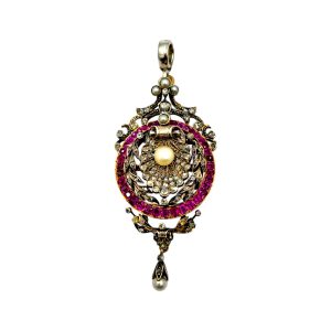 9ct Gold and Silver Pendant with Rubies, Diamonds and Pearls AJ16738